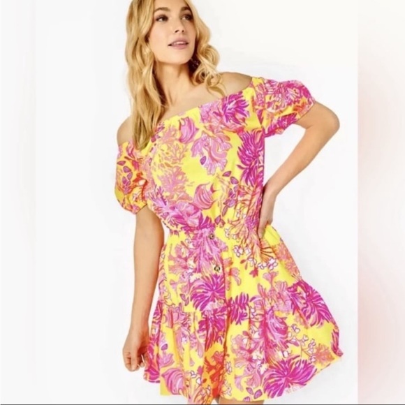 Lilly Pulitzer Pants - Lilly Pulitzer Jesiba Romper in Calla Yellow/Floral Coral NWT S